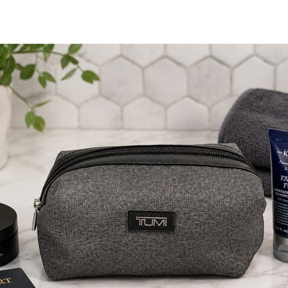 TUMI Delta Grey Travel Pouch Zip Toiletry Bag Small Cosmetic Case 6"